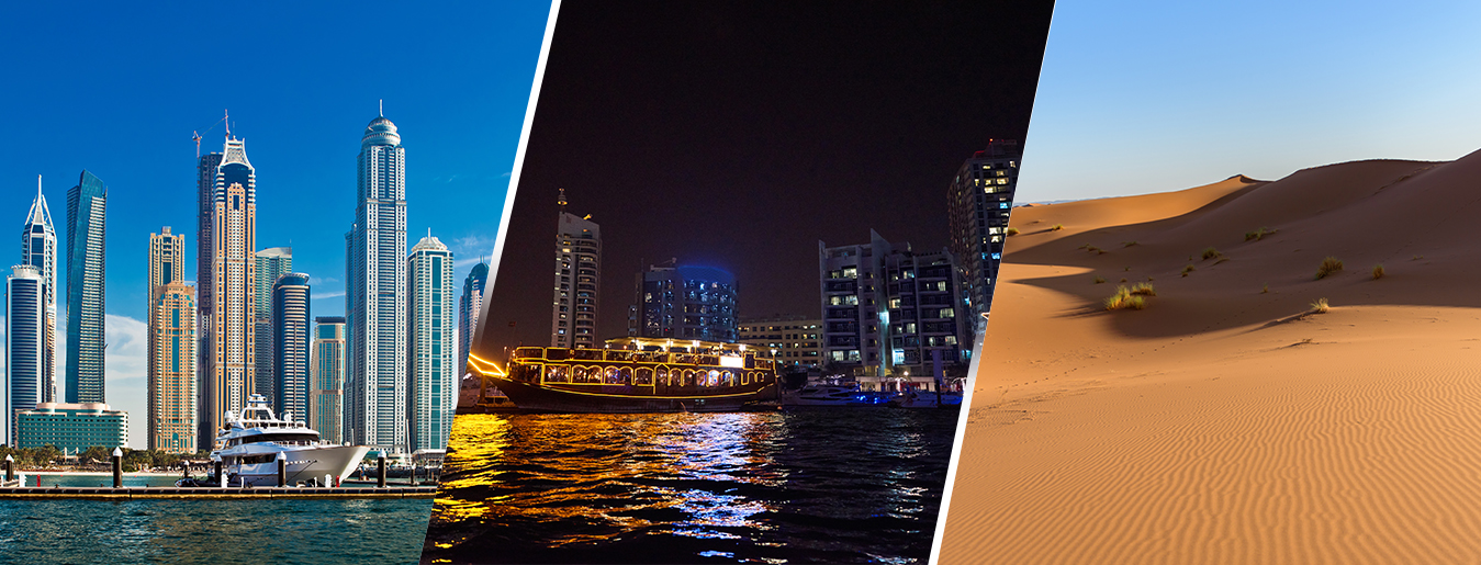 Dubai City Tour + Golden Desert Safari + Dhow Cruise Dinner Marina